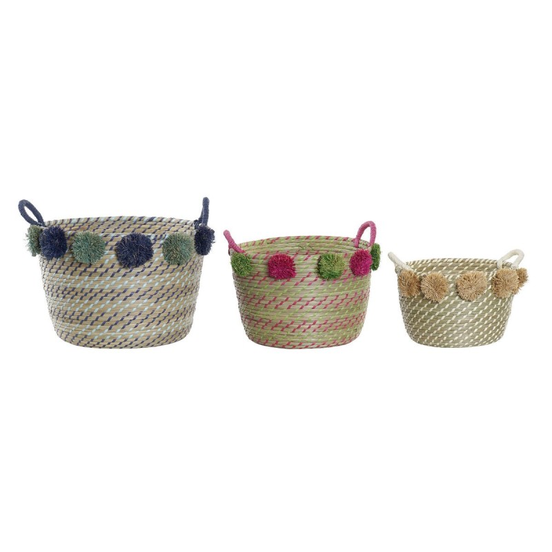 Set de basket DKD Home Decor PP Pompons méditerranéen (46 x 44 x 34 cm) - Acheter à 61,96 € seulement chez Collector's Boutique